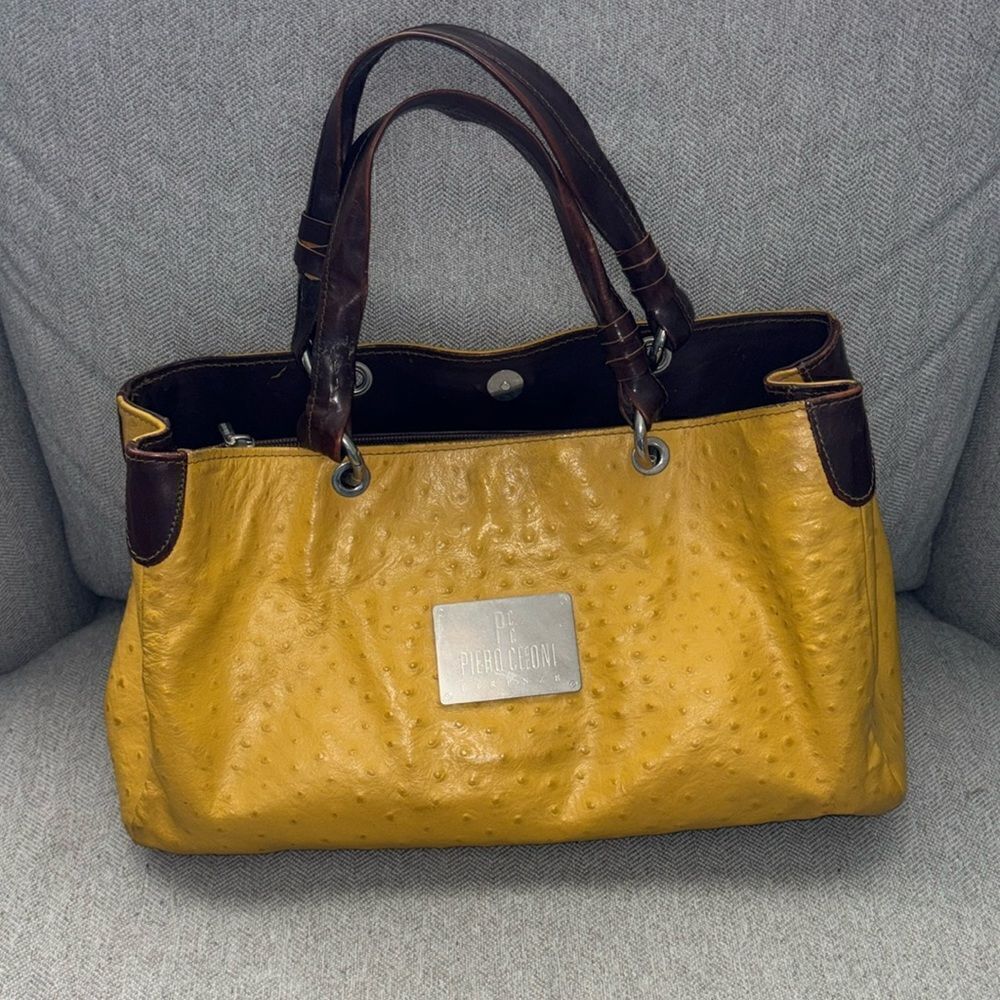PIERO CECCONI MUSTARD YELLOW OSTRICH EMBOSSED LEATHER BAG